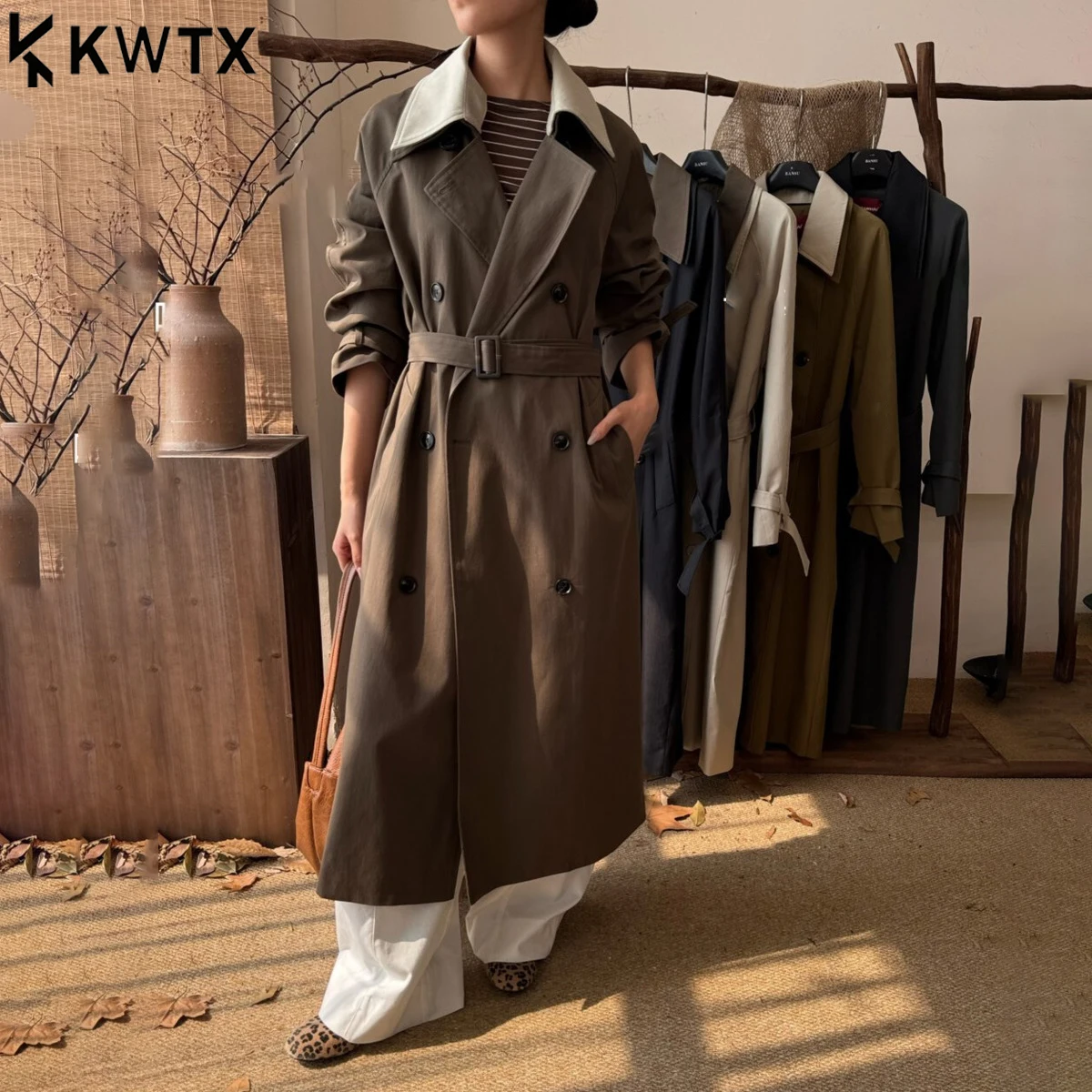 

KWTX 2025 New Women’s Colorblock Trench Coat Double Breasted Belted Long Lapel Elegant Retro High Quality Autumn Winter Fashion
