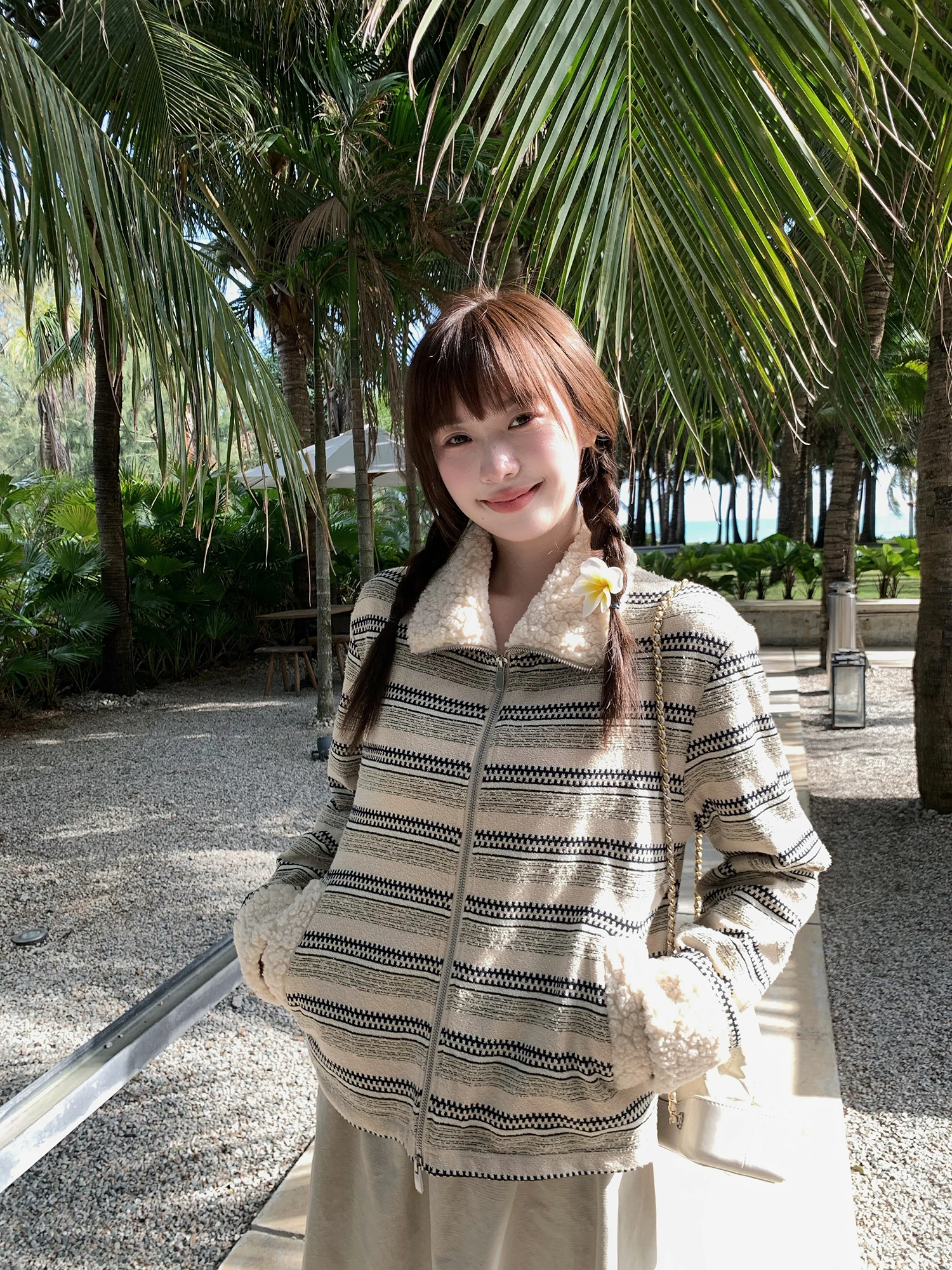 

Бритни Маленький король на молнии с мехом ягненка в полоску трикотажный кардиган пальто Cleanfit свободный крой женская повседневная верхняя одежда