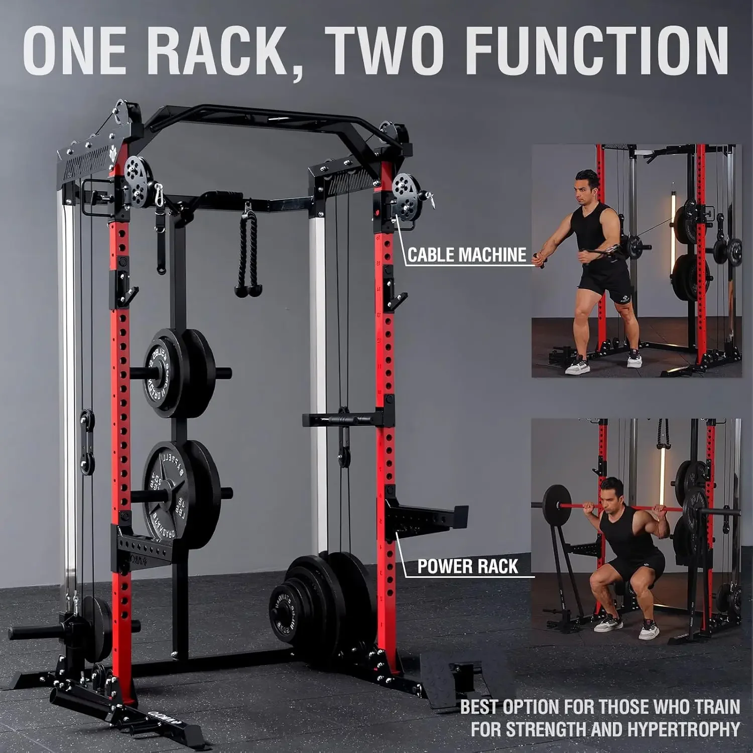 Power Cage, 2000LB Squat Rack, Dual Pulley Cable Crossover System, Multi-function Free Weight Home Gym Workout Machine with Atta