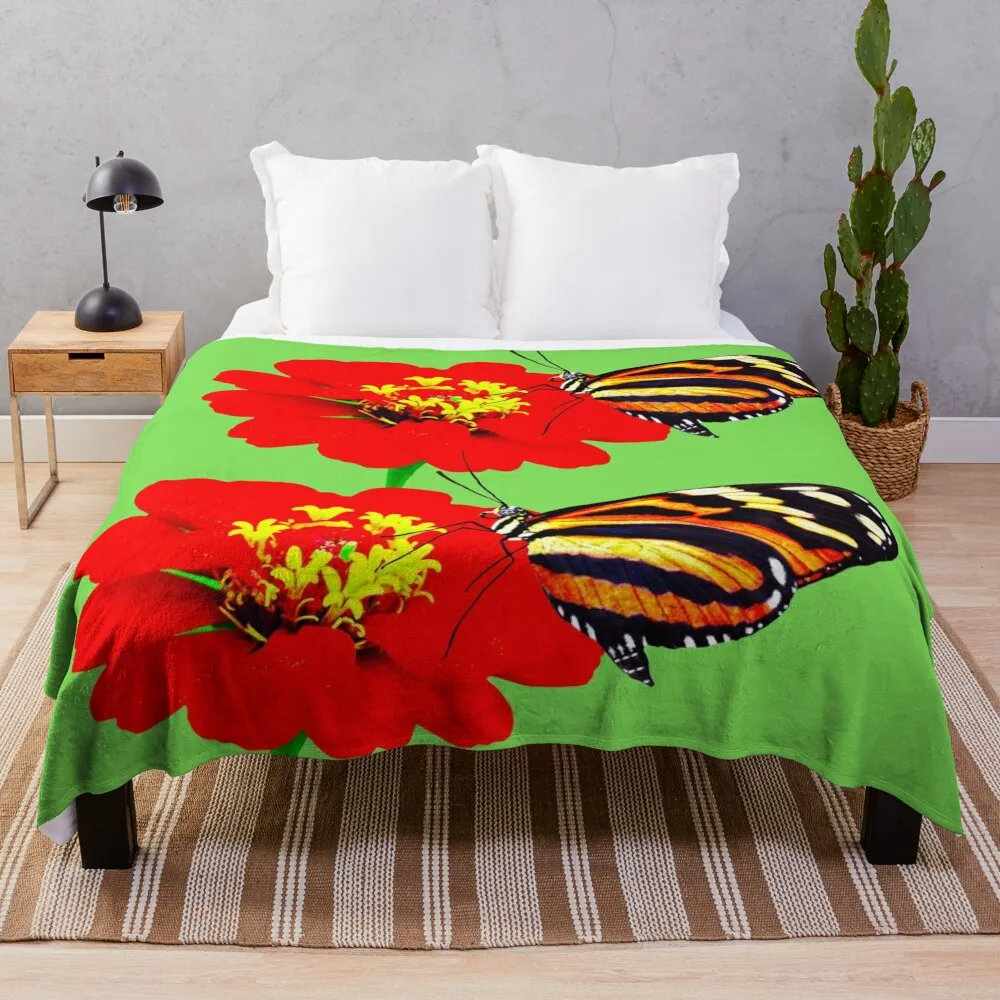 Painted lady butterfly pollinating a Zinnia flower Throw Blanket Retros Picnic Polar Blankets