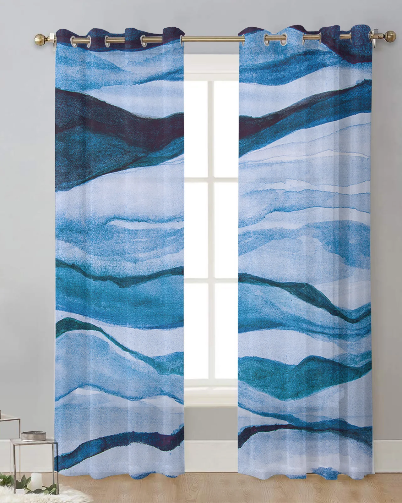 Abstract Blue Watercolor Paint Curtain Tulle Curtains For Living Room Kitchen Window Treatments Voile Curtains