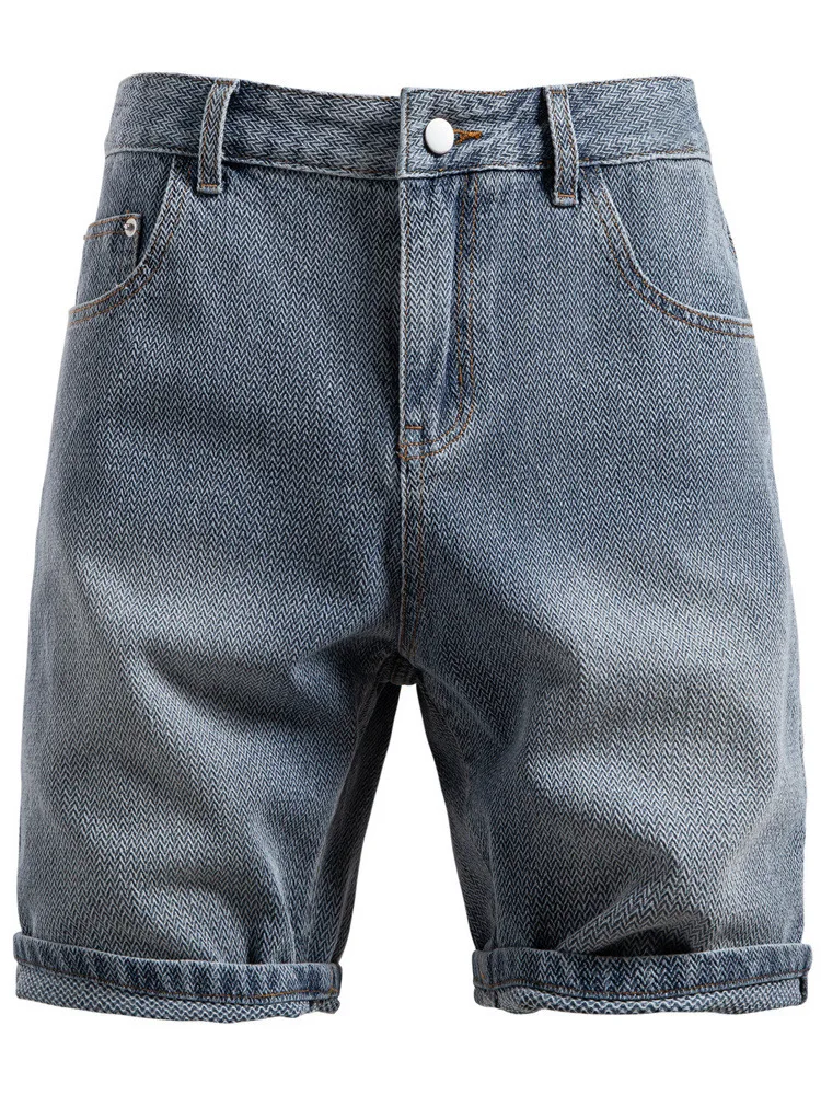 Men's New Vintage Straight Leg Denim Shorts Five-Pointed Star Pattern Summer Casual Shorts Blue Jeans Non-Stretch Fabric