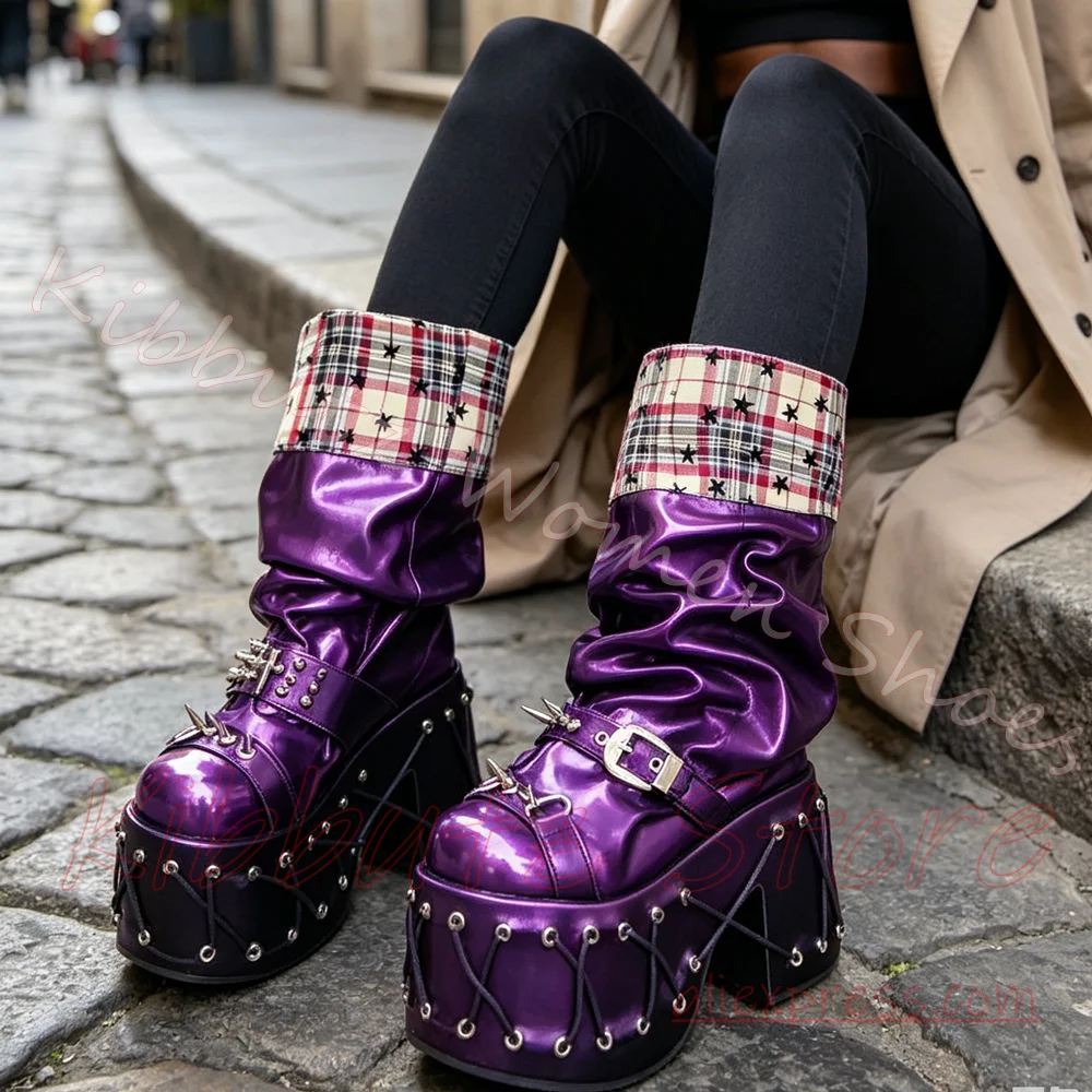 Platform Knee High Boot Plaid Star Print Spike Chain Multi Buckle Goth Punk Women Shoes Leather Alt Streetwear Cosplay Footwear