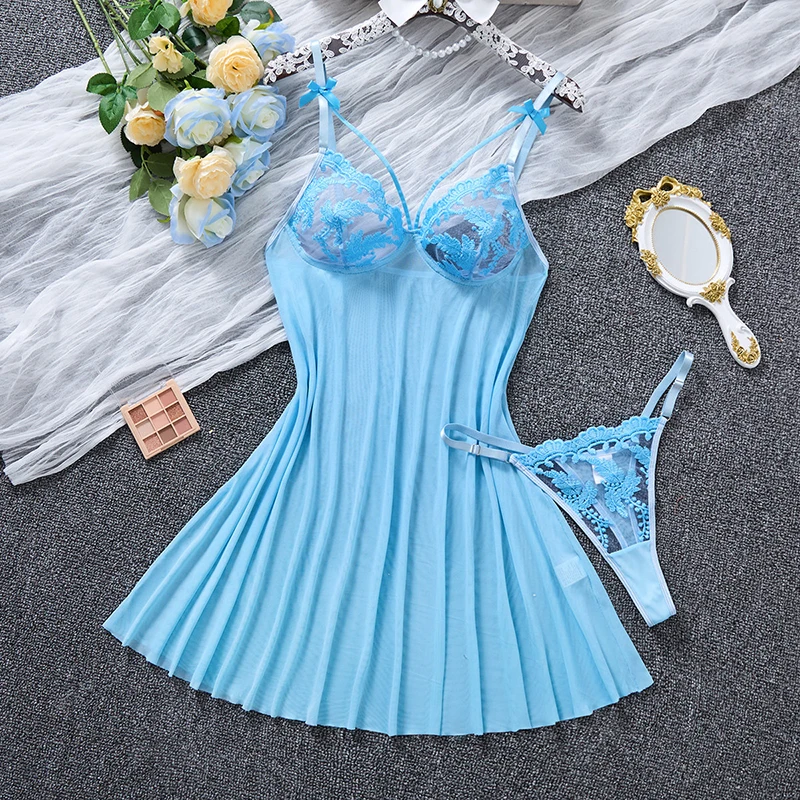 Damen-Nachthemd Himmelblau mit Schleife, Babydoll-Lingerie, Spaghetti-Träger, V-Ausschnitt, Nachthemden mit zarter Stickerei, Mesh-Schlafkleidung