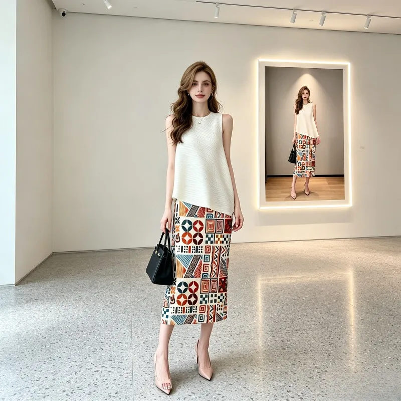 Miyake Pleated 2026 Skirt for Women New Bohemian Ethnic Geometric Print High Waist Fashionable Slimming Mid-Length Pleated Pleat