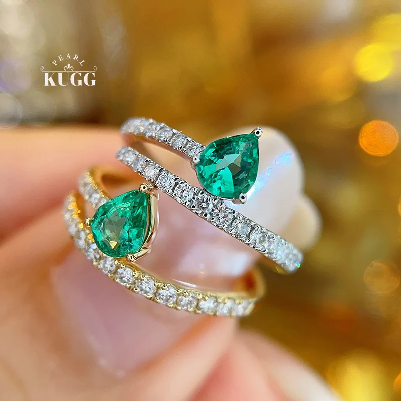 KUGG 100% 18K White/Yellow Gold Rings Fashion Style Shiny Diamond Natural Emerald Ring for Women Wedding High Party Jewelry