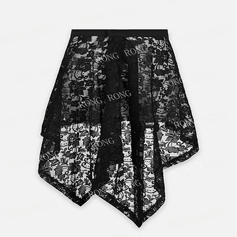 ファッショナブルなレトロレースのオルトスカート、アシンメトリーデザイン、スリムなハイウエストAライン、夏の新作、ポリエステル混紡素材