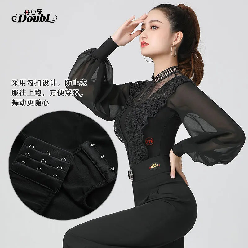 Doubl Women's Latin dancing clothing high neck jumpsuit fashion woven strip rumba clothing women's long sleeves