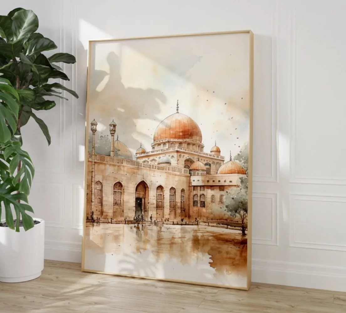 Mosquitera Al-Aqsa, edificios antiguos de la Sagrada Ciudad, Jerusalén, estilo bohemio beige, pintura en lienzo sin marco abstracta americana moderna