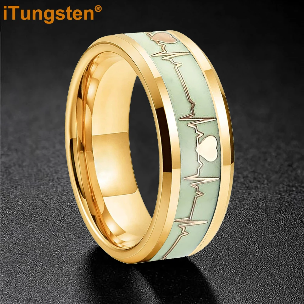 Itungsten 8mm Gold Electrocardiogram Luminous Glow Inlay Tungsten Carbide Wedding Ring for Men Women Polished Bevel Edges