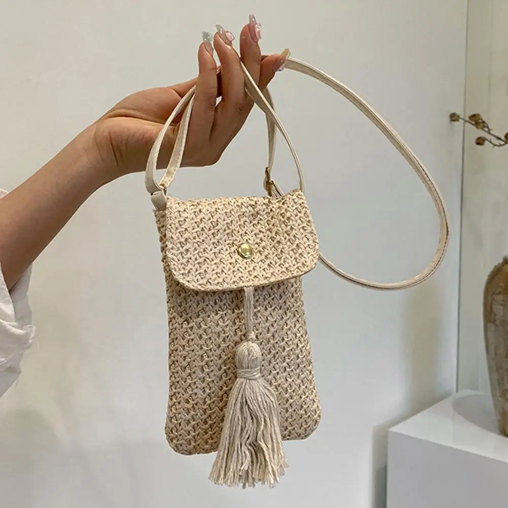 Women's Woven Phone Crossbody Bag Summer Boho Tassel Shoulder Purse Handmade Straw Small Handbag for Travel Vacation