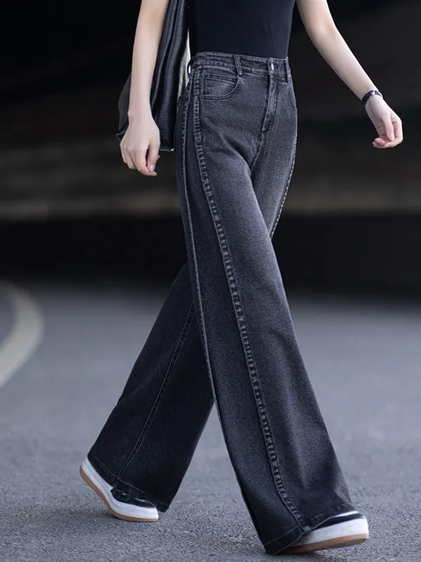 

American Style Loose Fit Black Denim Jeans Women's Spring Autumn High Waist Wide Leg Pants Tapered Series Splice Detail