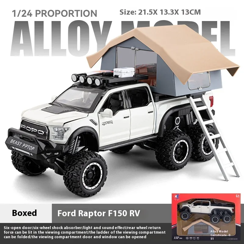 1:24 Ford Raptor F150 Camping RV Off Road Pickup Truck Alloy Metal Diecast Model Car Sound & Light Toys Gifts For Kids C336