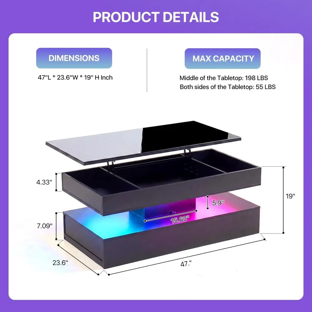 Glossy 47 LED-Illuminated Coffee Table with Sliding Drawers, Open Storage, Ambient Light for Living Room, Black