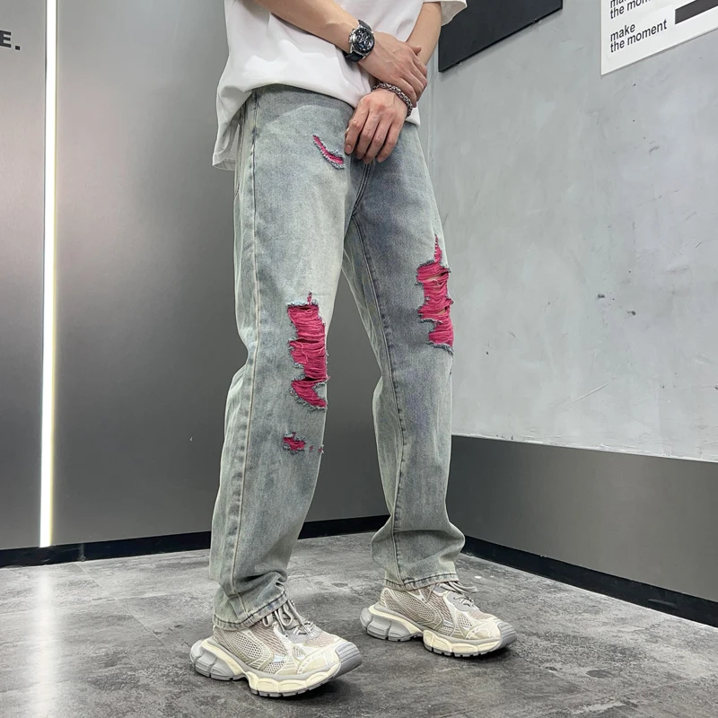 American Style Washed Denim Lightning Hole Breaking Trendy Men'S Loose Straight Leg Denim Pants