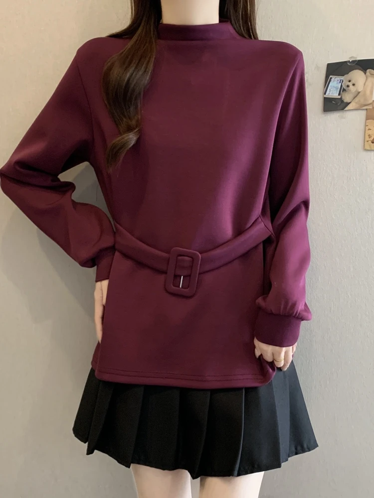 

plus Size Purple Long Sve Base irt Waist Cinched f High Collar Women's Faion Slimming Knot T Top Casual Sle