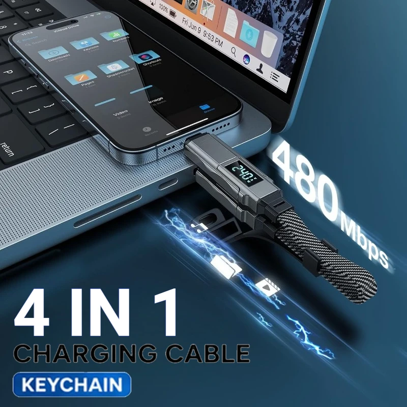 65W Keychain Digital Display Four-in-one PD Fast Charging Cable, Suitable for Apple and Huawei Type-C 5A Mobile Phone Data Cable