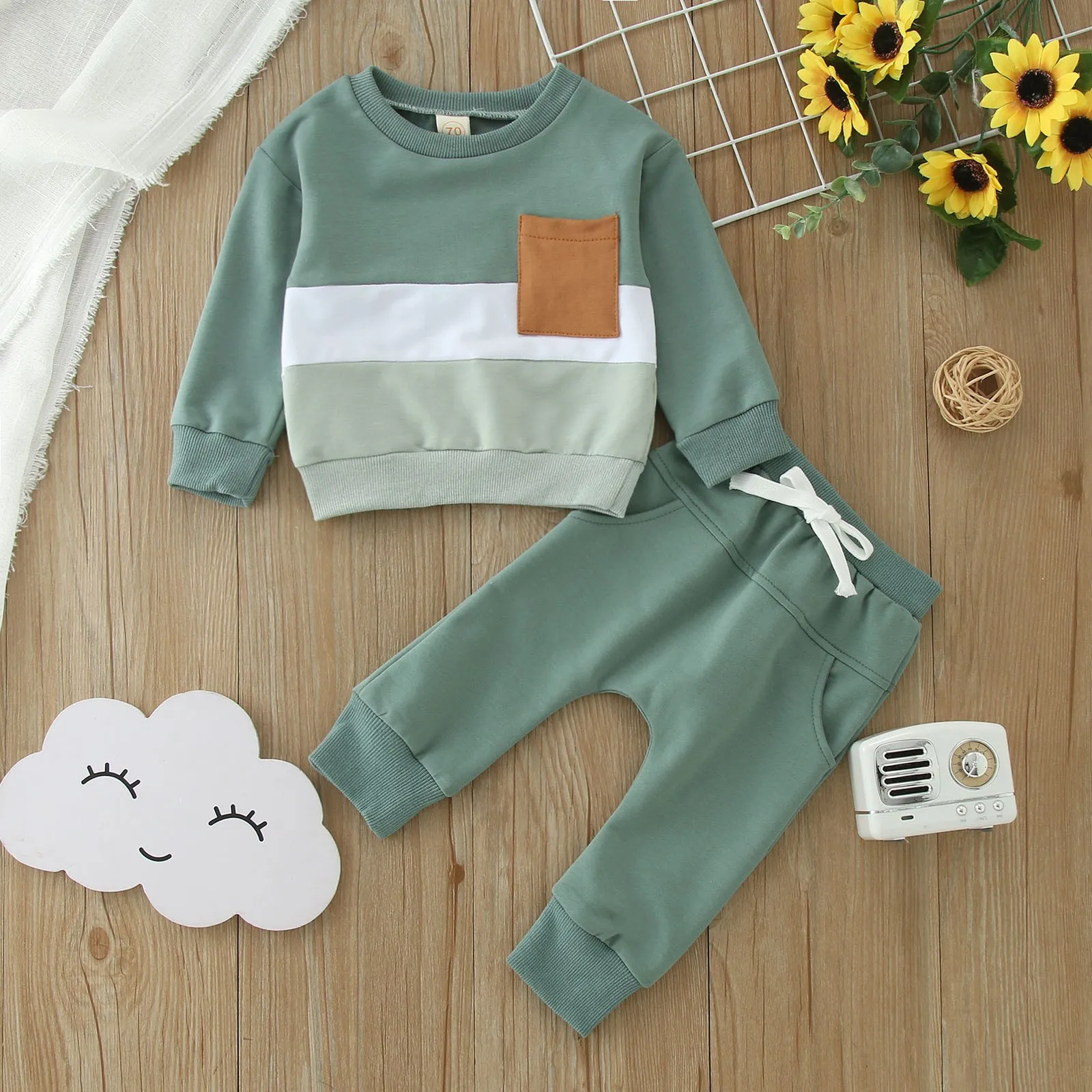 2pcs Baby Boys Outfits Newborn Winter Contrast Color blocked Long Sleeve Sweatshirt Tops Toddler Elastic Sweatpants Fall Clothes