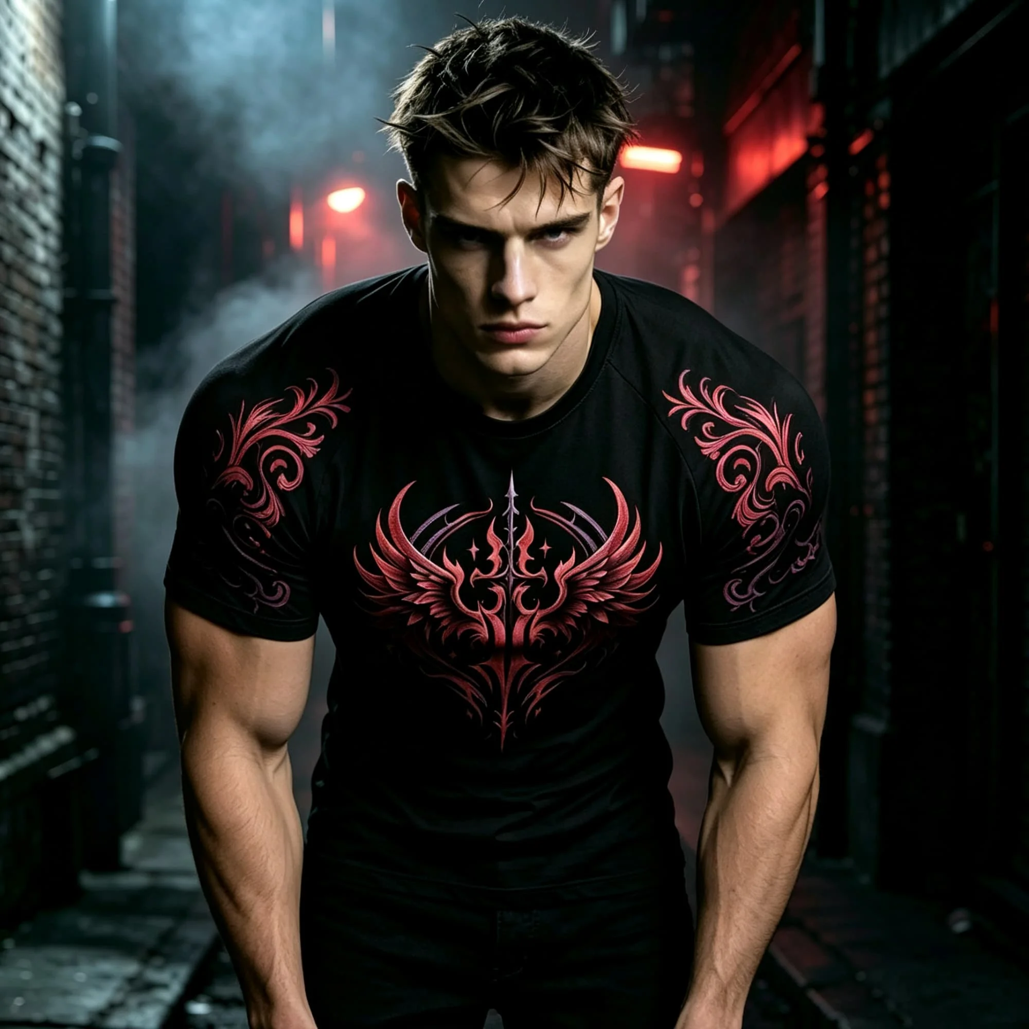Men Casual Crew Neck Tee Dark Fantasy Angel Wing Sword Totem Print Baroque Ornament Shoulder Design Daily Party Shirts