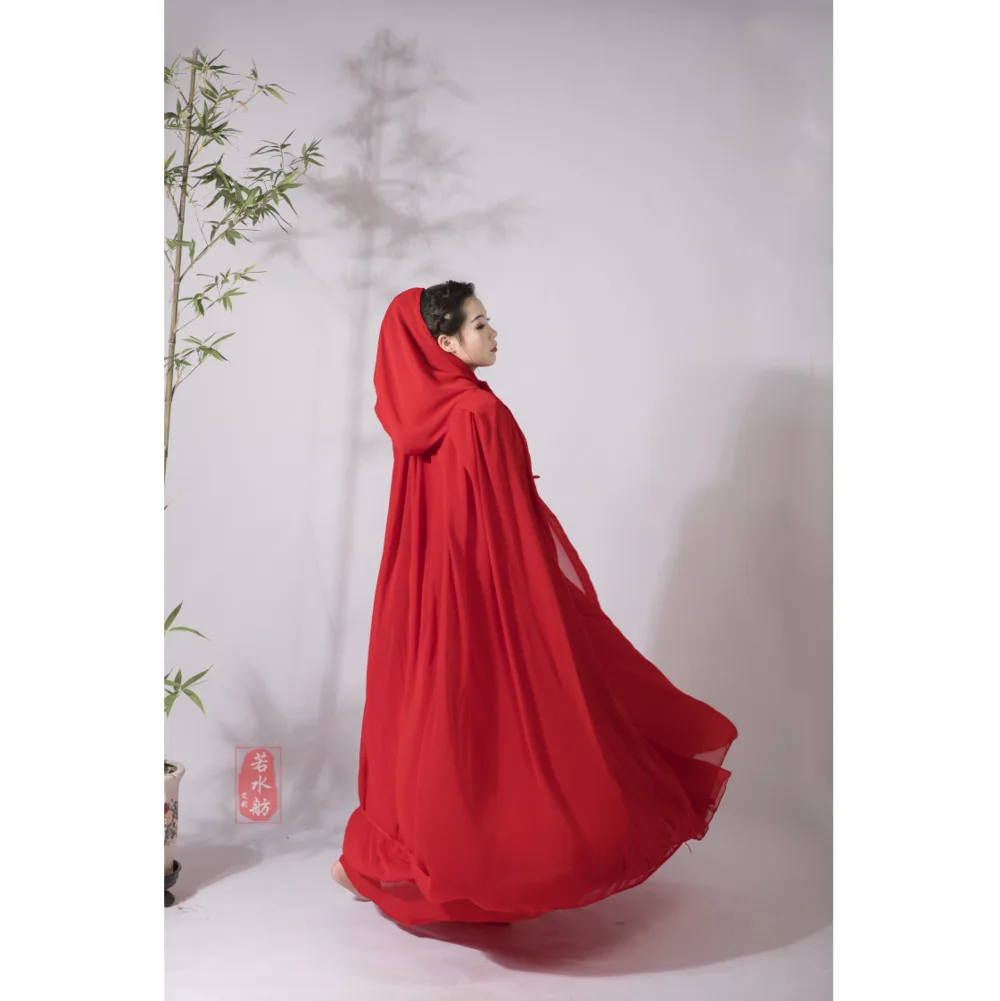 Mantello da donna accessori Hanfu scialle in Chiffon stile cinese protezione solare lunga rossa elegante fata mantelli di Halloween mantelle con cappuccio