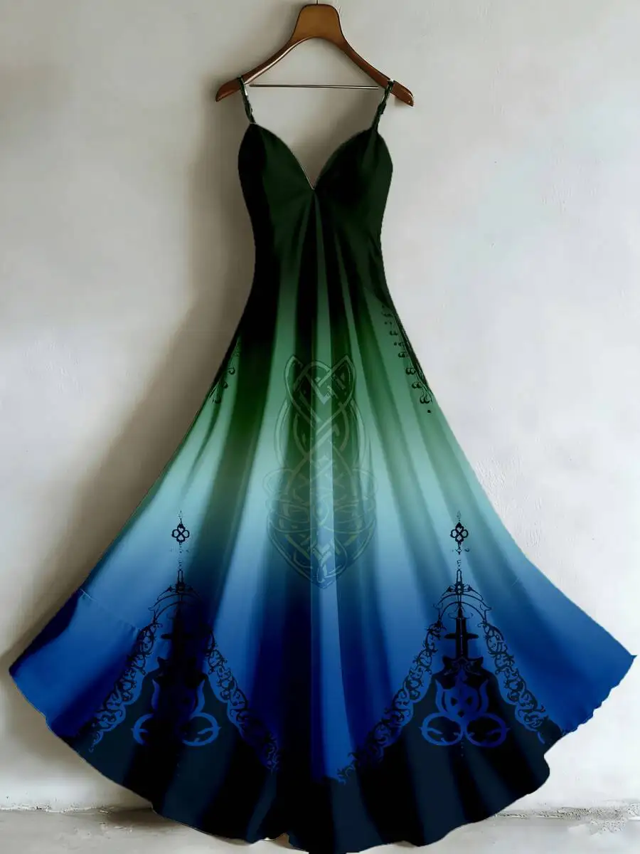 

Women Spaghetti Strap V Neck Long Dress Gradient Celtic Print Polyester Maxi Dress