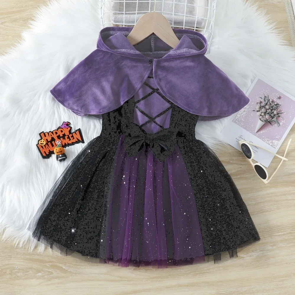 Girls Witch Halloween Costume 2Pcs Set, Sleeveless Sparkly Tulle Dress with Purple Hooded Cloak, Halloween Costume for Kids - view 3