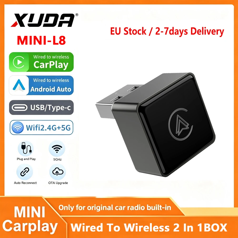 L8 XUDA Kabelloser Android Auto & CarPlay Adapter 2.4Ghz&5Ghz WiFi BLE Auto-Verbindung OTA-Upgrade Mini Smart Car Box