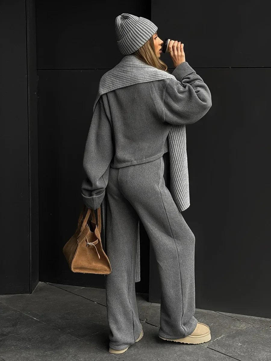 Blubelle Damen-Set, neues Herbst-Winter-Reißverschluss-Jacke, weites Bein, Hose, weicher Strick, lange Ärmel, lockeres, lässiges Strickpullover-Set