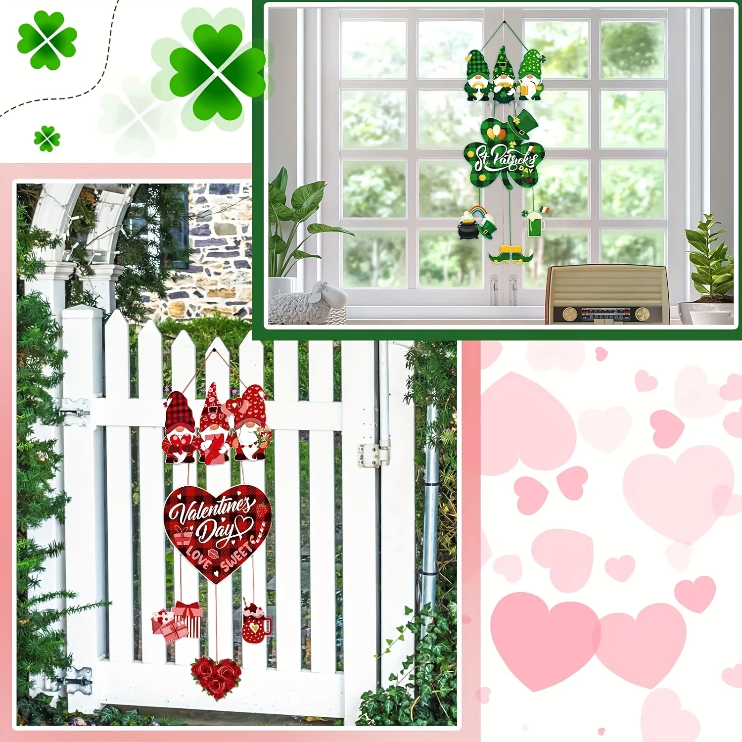 2 Pcs Valentine\'s Day St Patricks Day Decorations Valentines Day Door Sign Gnome Heart Shamrock Shaped Felt Hanging Signs for