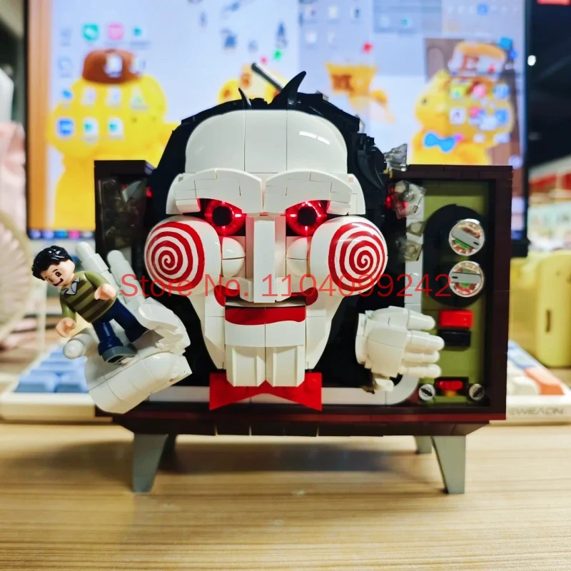 Genuine JAKI Chainsaw Massacre Series Building Blocks Billy The Puppet Pig Mask Assembly Model Salll Tape Recorder Toy Gift