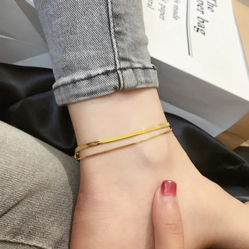 New Exquisite Fashionable Gold Color Titanium Steel Double Layer Snake Bone Chain Anklet For Sweet And Sexy Ladies Jewelry Gift