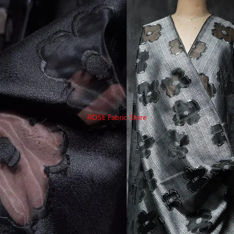3D flower applique black and white plaid fabric For Houte Couture, Fashion Show, Ball gown skirt