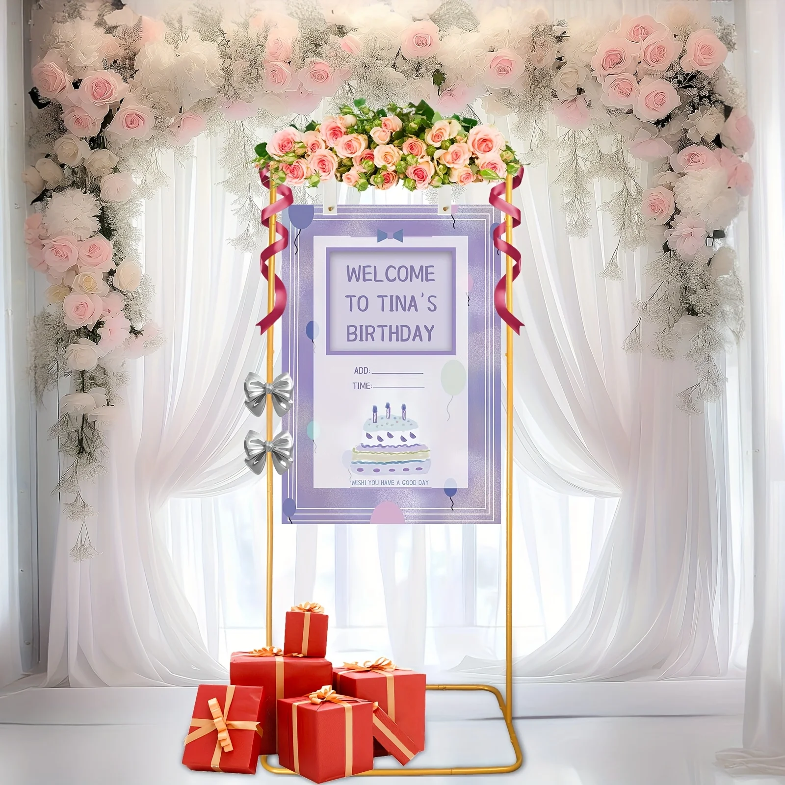 

Metal Wedding Sign Holder | Adjustable Welcome Sign Stand with Leather Hanging Straps, Heavy Duty Easel for Seating Chart, Classic Golden Black Style
