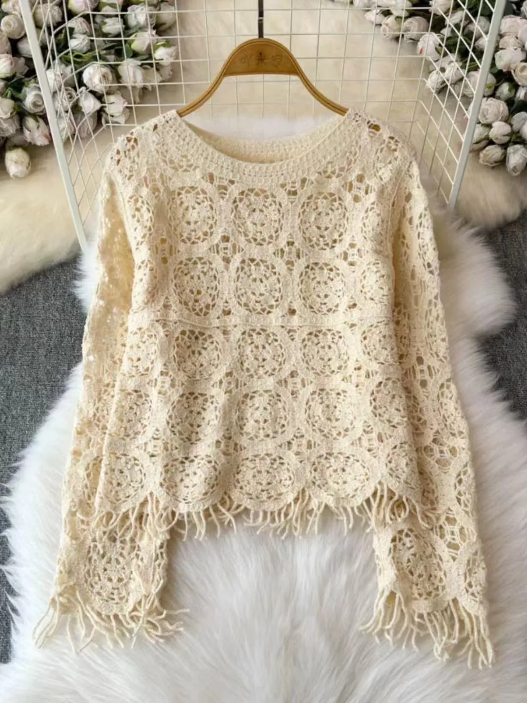 Sheer Crochet Top Embroidery Lace Blouse Long Sleeve Open-knit Crop Tops for Women Spring Summer 2024 Boho Vacation Outfit