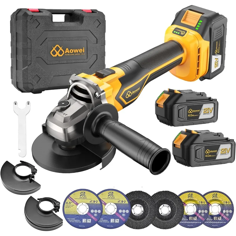 Cordless Angle Grinder, 21V Angle Grinder Toolbox Kit, with 2x4.0Ah lithium batteries and charger, yellow 4-1/2 inch g