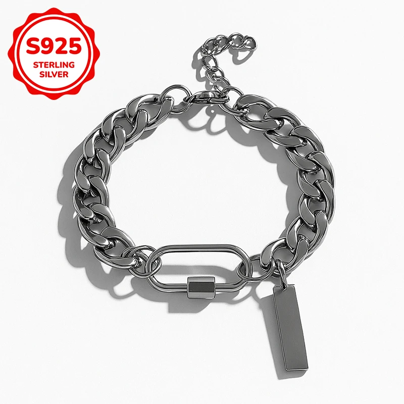 A men's S925 sterling silver trendy hip-hop street Cuban chain spliced bracelet is suitable for men to wear during daily commute
