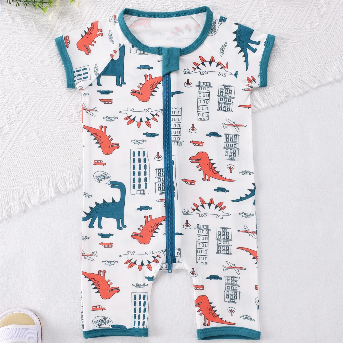 Newborn Baby Boys Bamboo Fiber Romper Pajamas Cartoon Print Onesie Short Sleeve Rompers Soft & Cozy Toddler Summer Casual Pjs - view 2