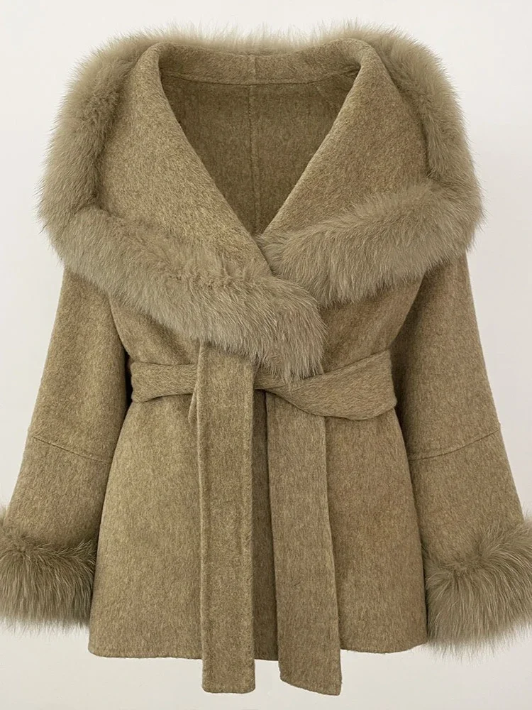 여성용 천연 울 혼방 캐시미어 리얼 퍼 코트 울 재킷 더블 브레스티드 벨트 따뜻한 스트리트웨어 패션 겨울 의류