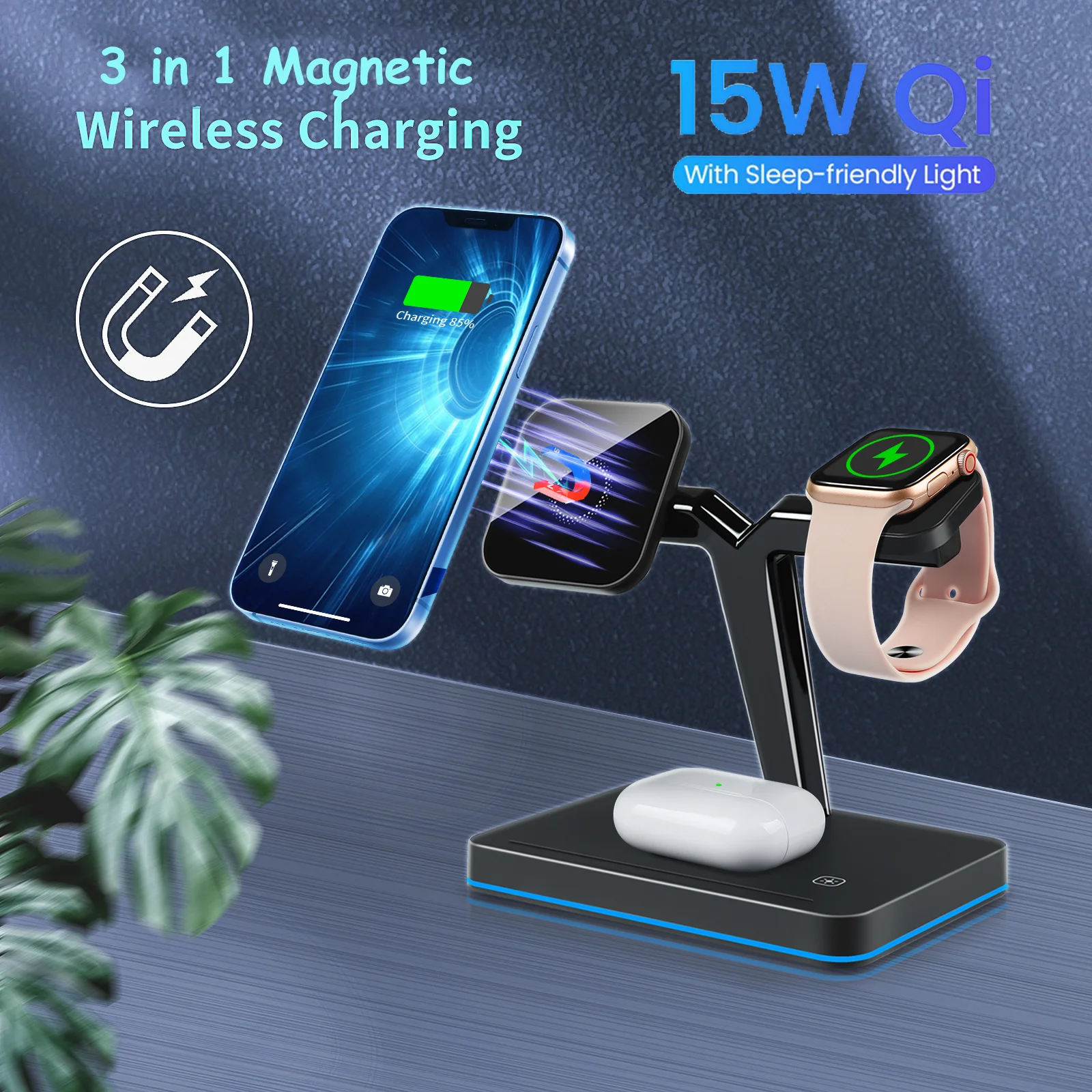 15W Qi Wireless Charger Stand 3 In 1 Magnetic LED Fast Charging for iPhone 13 12 Pro Max Mini Airpods 3 2 Apple Watch 7 6 SE 5