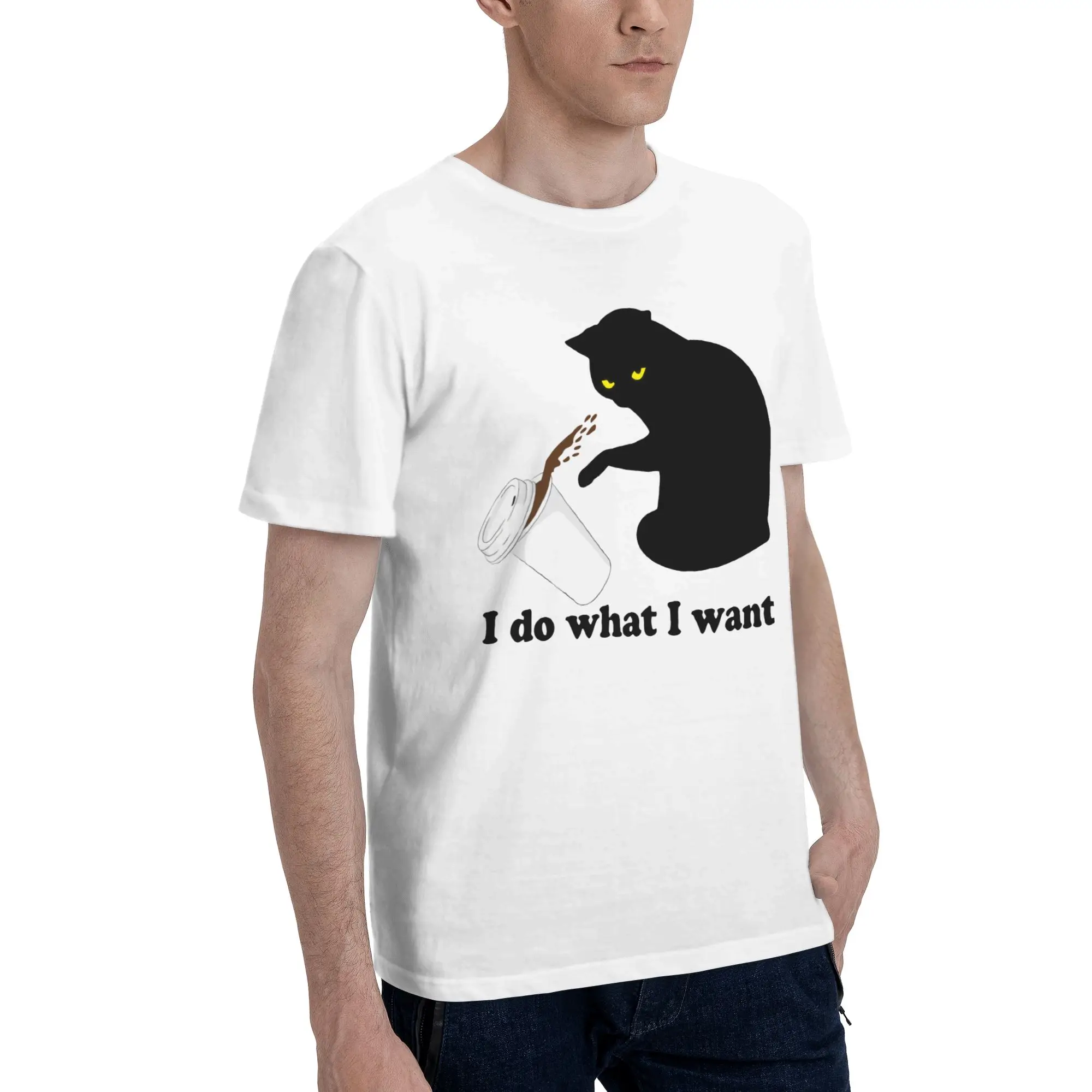 Men T-Shirt Do What I Want Black Cat Coffee Cup Cotton Tee Shirt Short Sleeve Pet Kitten Love Meow Cute Funny T Shirt