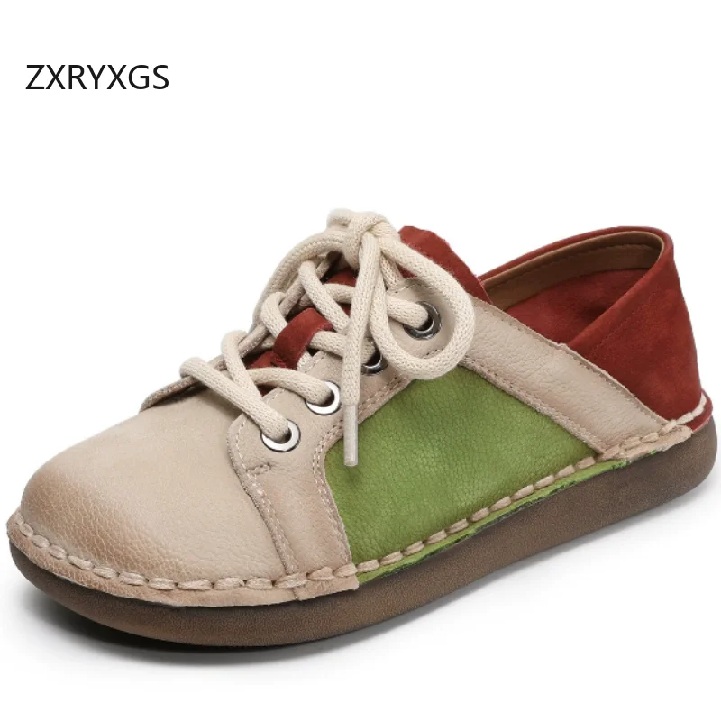 ZXRYXGS 2026 Top Cowhide Spell Color Lace-up Full Real Leather Shoes Fashion Casual Sneakers Comfort Flats Women's Travel Shoes