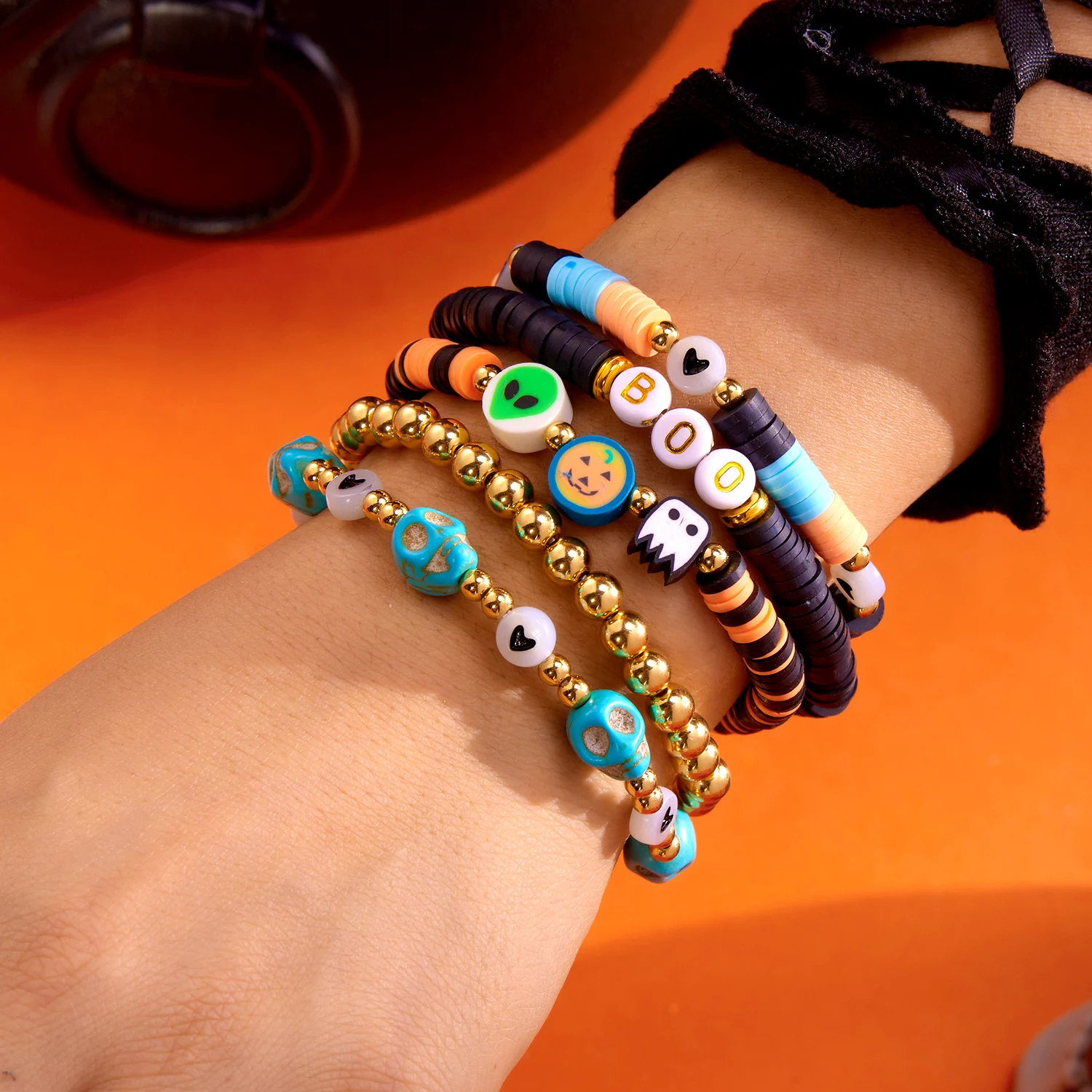 Gothic 5-Piece Halloween Skull Pumpkin Letter Elastic Bead Combination Set Bracelet for Men Women Cosplay Party Jewelry Gift