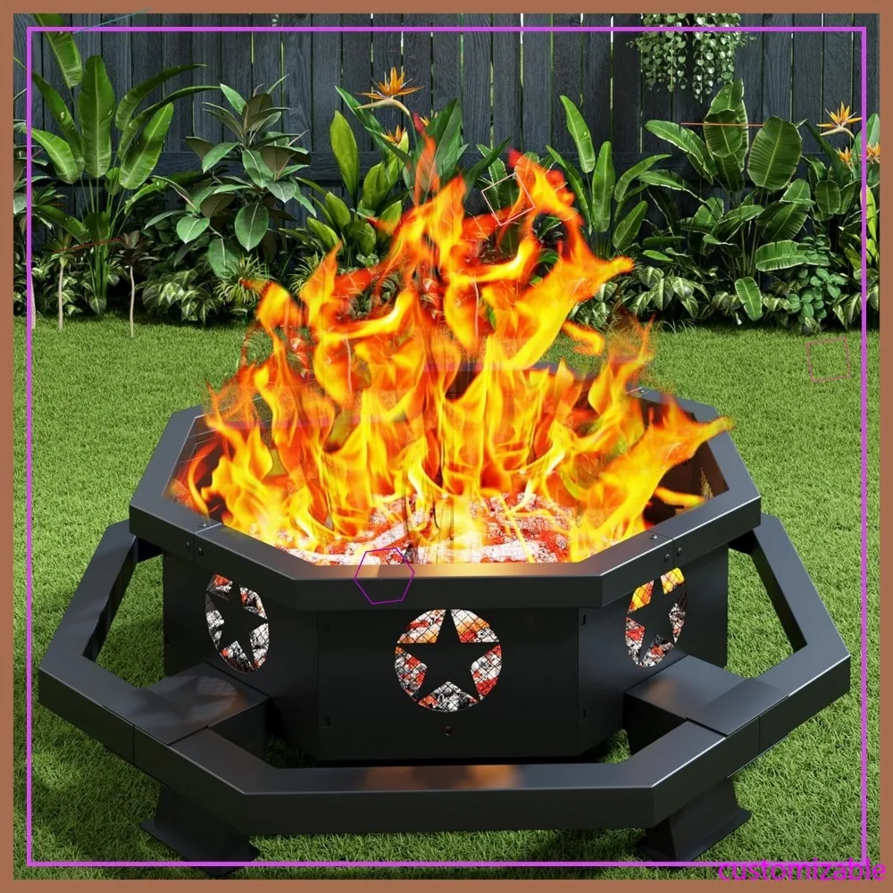 

45-дюймовое уличное костровое место для сжигания дров с кочергой, восьмиугольный дизайн для кемпинга, двора, патио