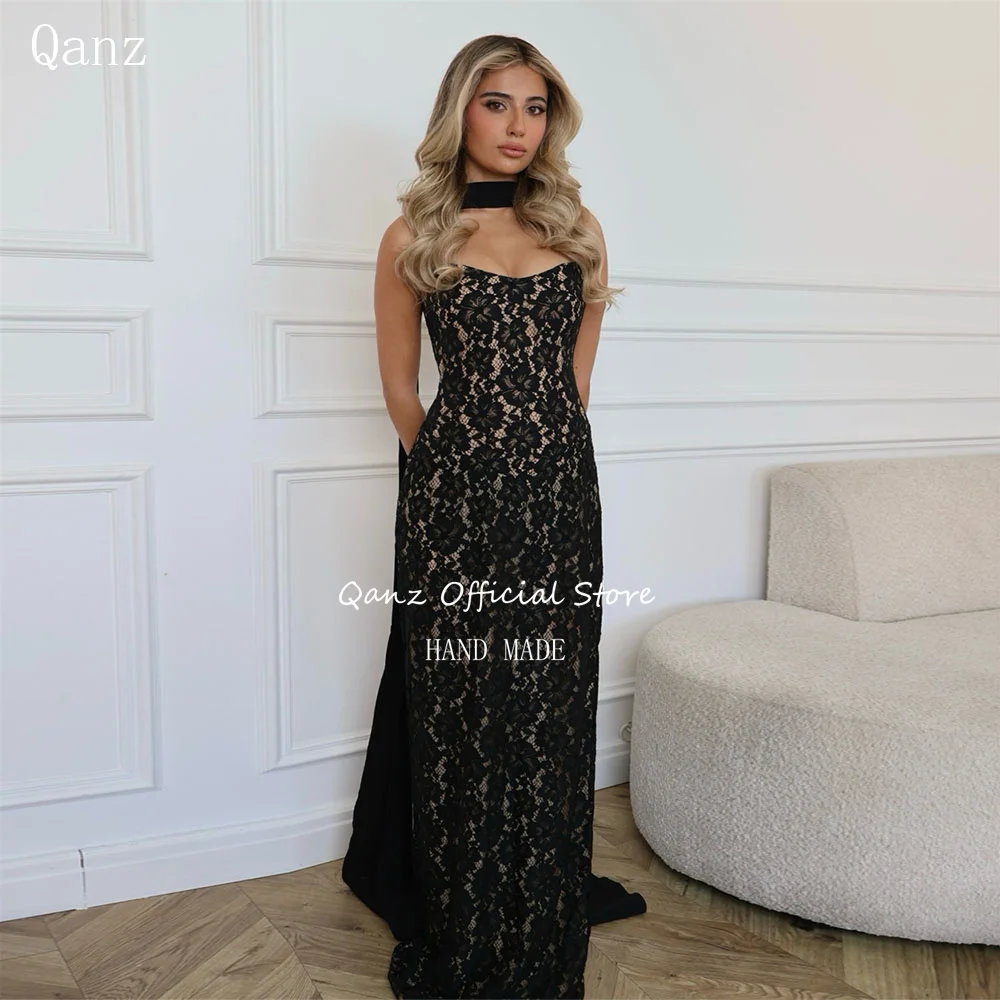 

Qanz Women Prom Dresses Black Lace Appliques Dress For Wedding Guest Elegant Mermaid Sleeveless Ribbon Evening Gowns Customized