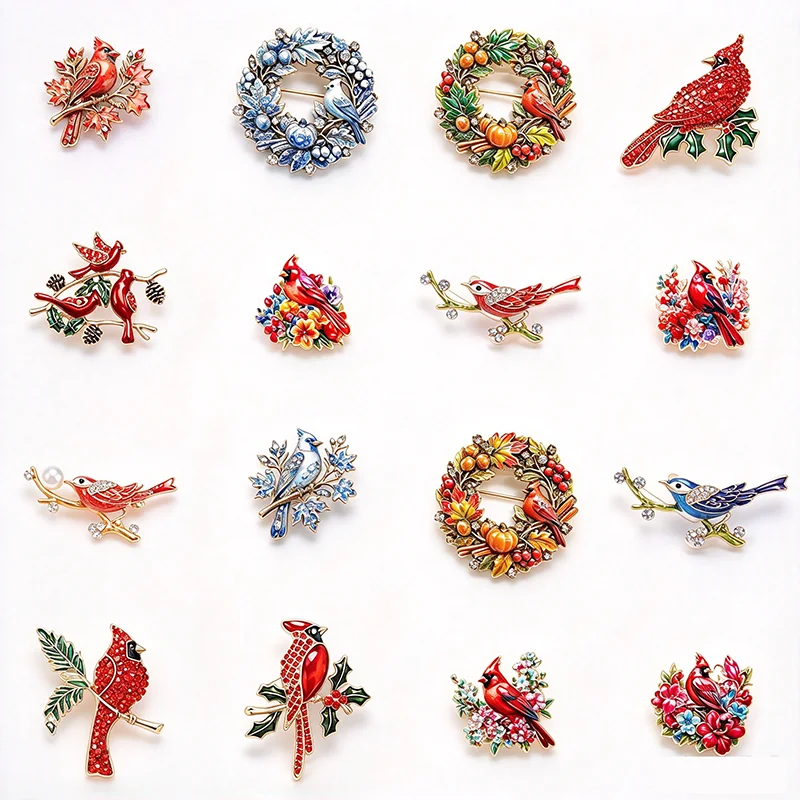 Vintage Red Cardinal Bird Brooch Mixed Enamel Rhinestone Northern Cardinal Lapel Pins Alloy Bird Brooch Jewelry