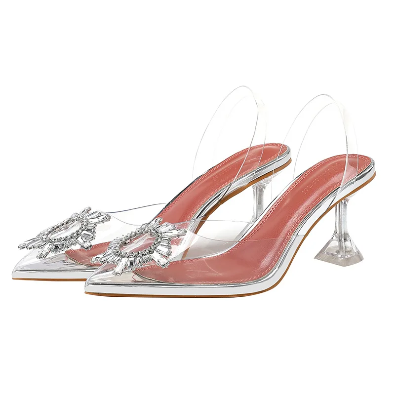 Runway Fashion Women's Baotou Sandals Transparent Crystal Stiletto Pointed Toe High Heels Elegant Fairy Style Shoes Talons Femme