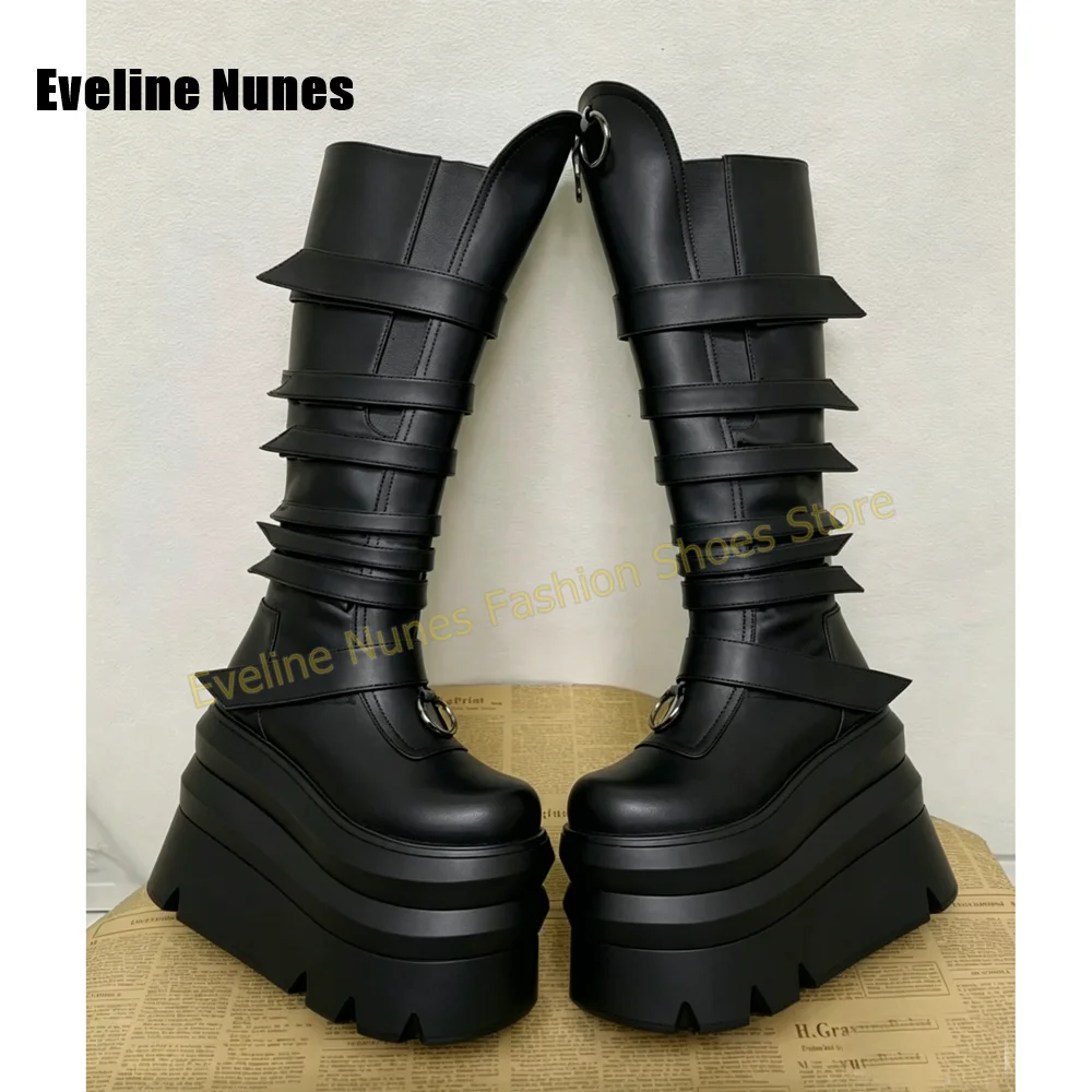 Bright Yellow Platform Knee High Boots Multi Wide Strap Metal Ring Round Toe Thick Sole Height Increase Y2K Punk Street Style view 6