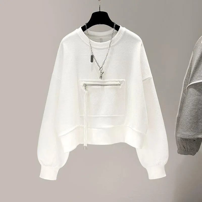 

Casual Long Sleeve Loose Fit Zipper Sweatshirt Women Round Collar Solid Cropped Pullover Tops Pockets Fashion Autumn Hoodie