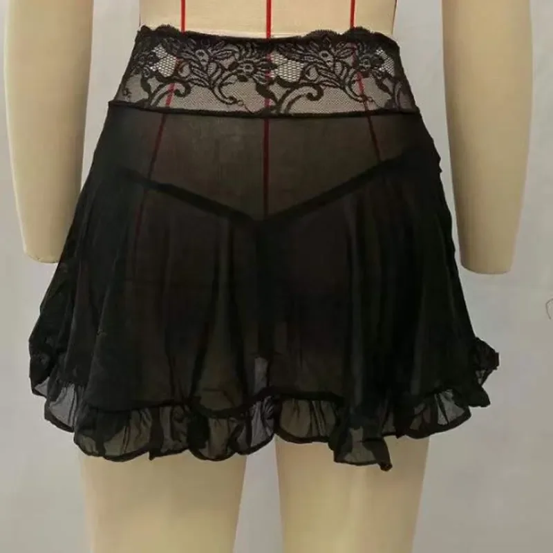Lässiger schwarzer Minirock über dem Knie, Sommer-Tanz, kurze Röcke, Ultra-Mini-Sexy-Rock für Frauen, Spitzen-Rüschenrock, Party, Club-Kleidung – Detail 9