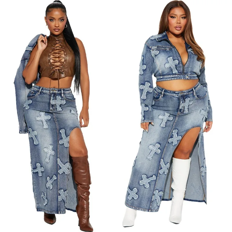 

Women Vintage Embroidery Slim Denim 2 Piece Set Button Zipper Short Jacket Fashion Split Long Skirts Casual Streetwear Outfits